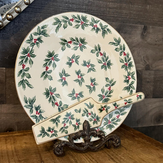 Holly and Berries Christmas Holiday Cake / Pie Round Plate with Server