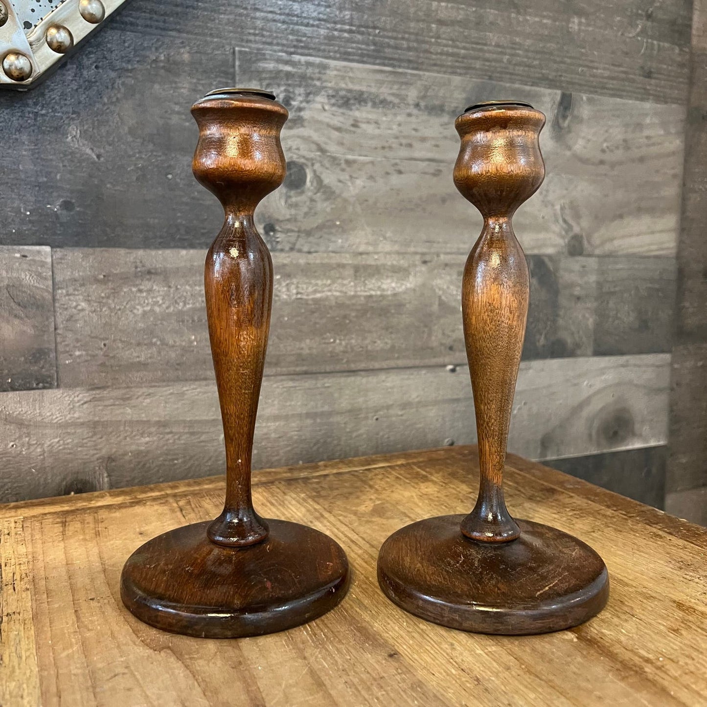 Vintage Pair of Wooden Candlestick Holders