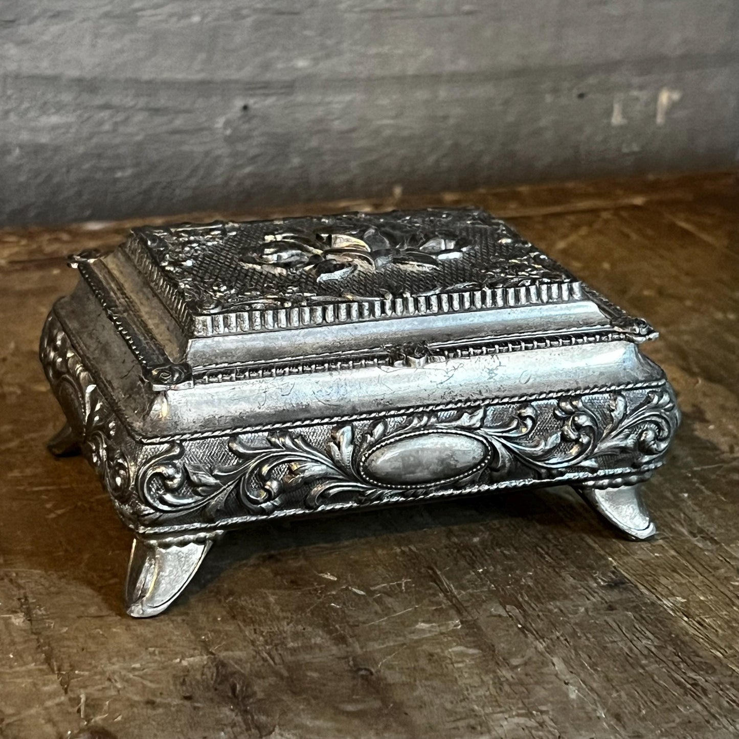 Vintage Rectangular Hinged Lidded Footed Trinket Box - Jewelry Box with Floral Accents