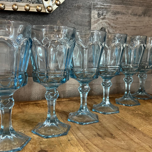 Vintage Fostoria Virginia Light Blue Glass Water Goblets - Wine Glasses - Long Stem Glasses - Set of 8