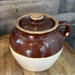 Vintage Blue Crown 2 Stamped Brown and Beige Two Tone Single Handle Lidded Crock - Bean Pot - USA Marking