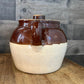 Vintage Blue Crown 2 Stamped Brown and Beige Two Tone Single Handle Lidded Crock - Bean Pot - USA Marking