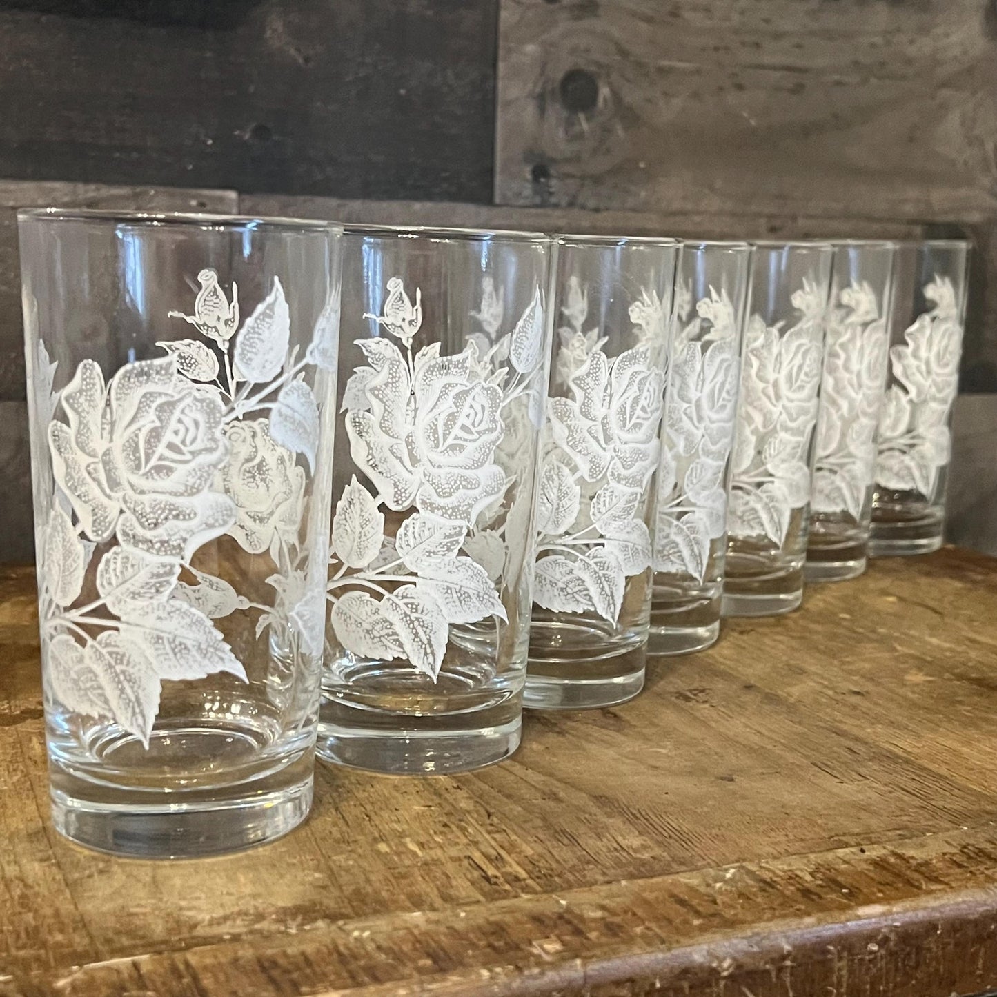 Vintage Libbey White Rose and Leaves Pattern Highball Glasses - Set of 7