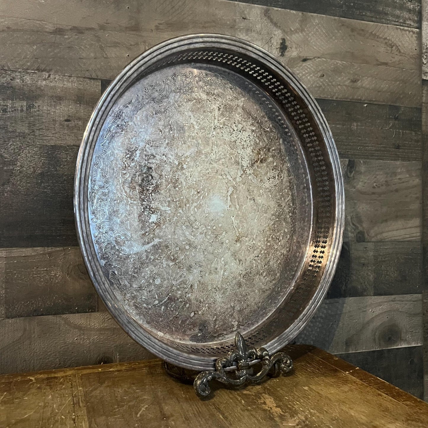 Vintage Gorham Silverplated Round Tray with Raised Perforated Rim