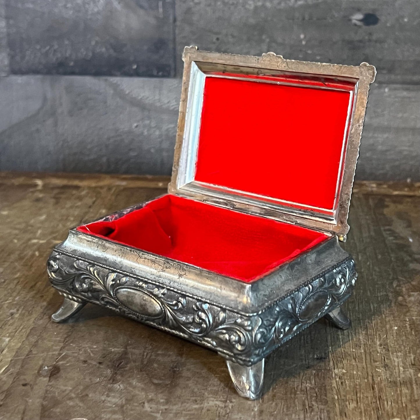Vintage Rectangular Hinged Lidded Footed Trinket Box - Jewelry Box with Floral Accents