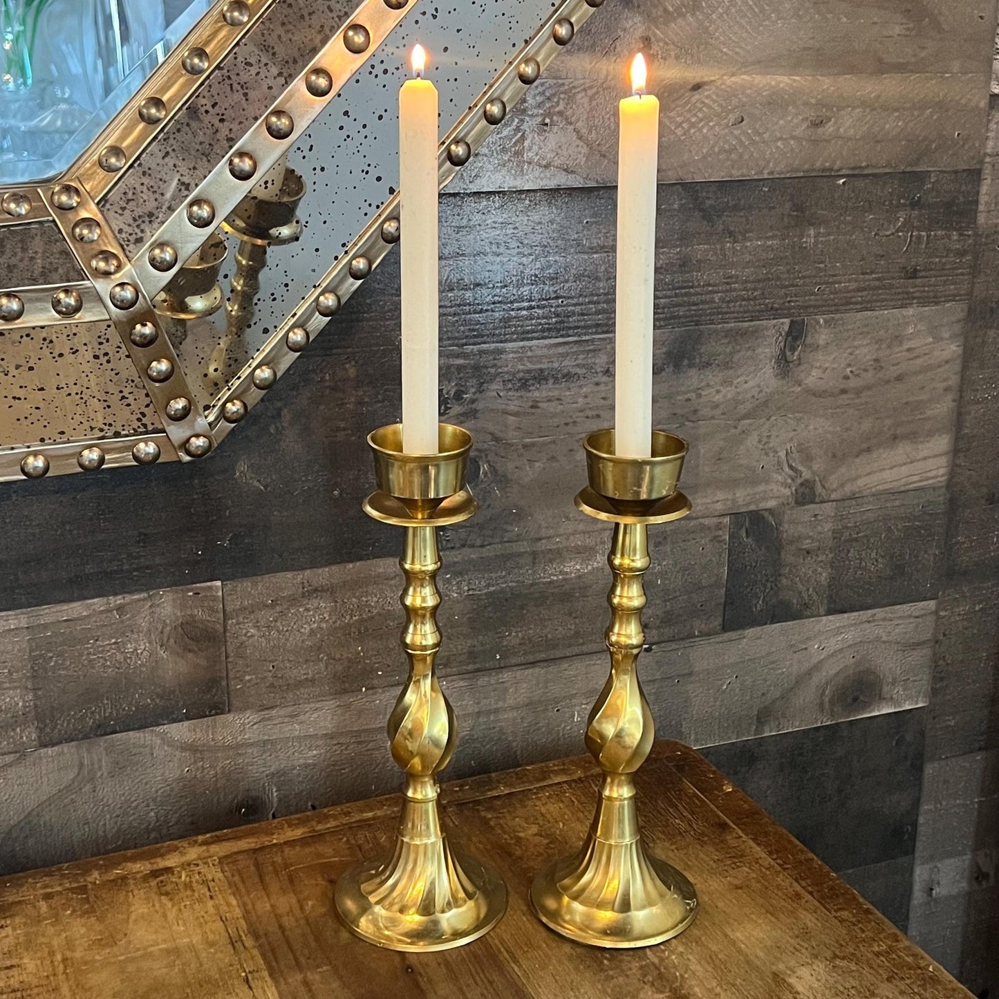 Vintage Brass Swirl Tall Candlestick Holders - Pair