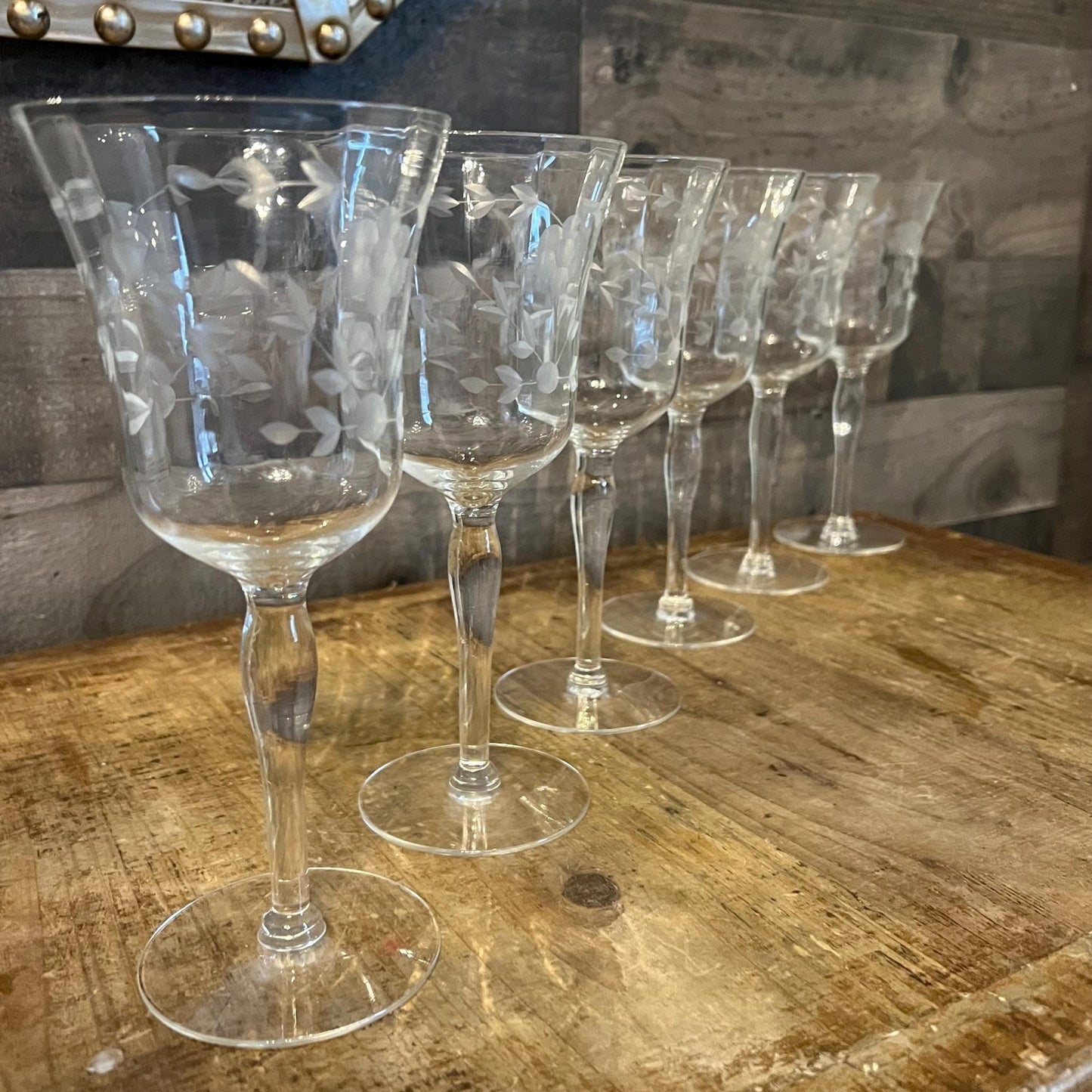 Vintage Set of 6 Floral and Ivy Etched Crystal Long Stem Wine Glasses