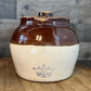 Vintage Blue Crown 2 Stamped Brown and Beige Two Tone Single Handle Lidded Crock - Bean Pot - USA Marking