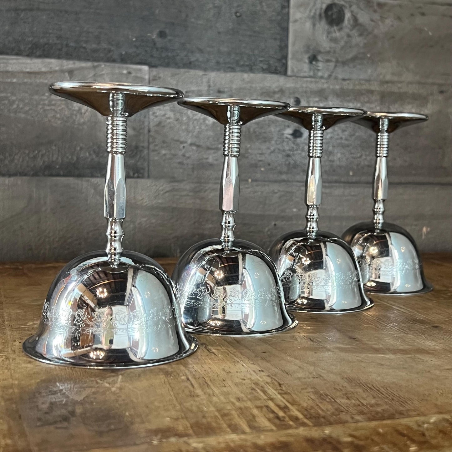 Vintage Set of 4 Art Deco Grapevine Etched Chrome Cocktail Coupes - Cocktail Glasses - Wine Glasses - Goblets - Long Stem Glasses