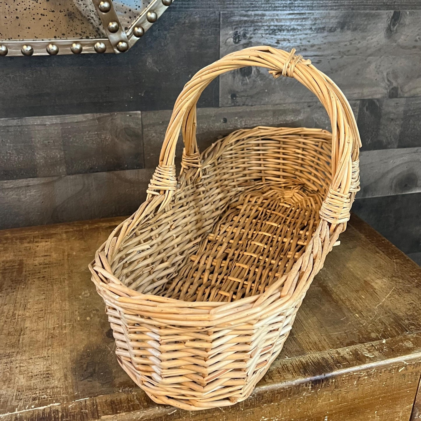 Woven Wicker Rattan Long Handled Basket - Flower Trug - Bread Basket