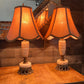 Vintage Pair of Creamy White Lamps with Orange/Pink Stripes and Brass/Metal Accents