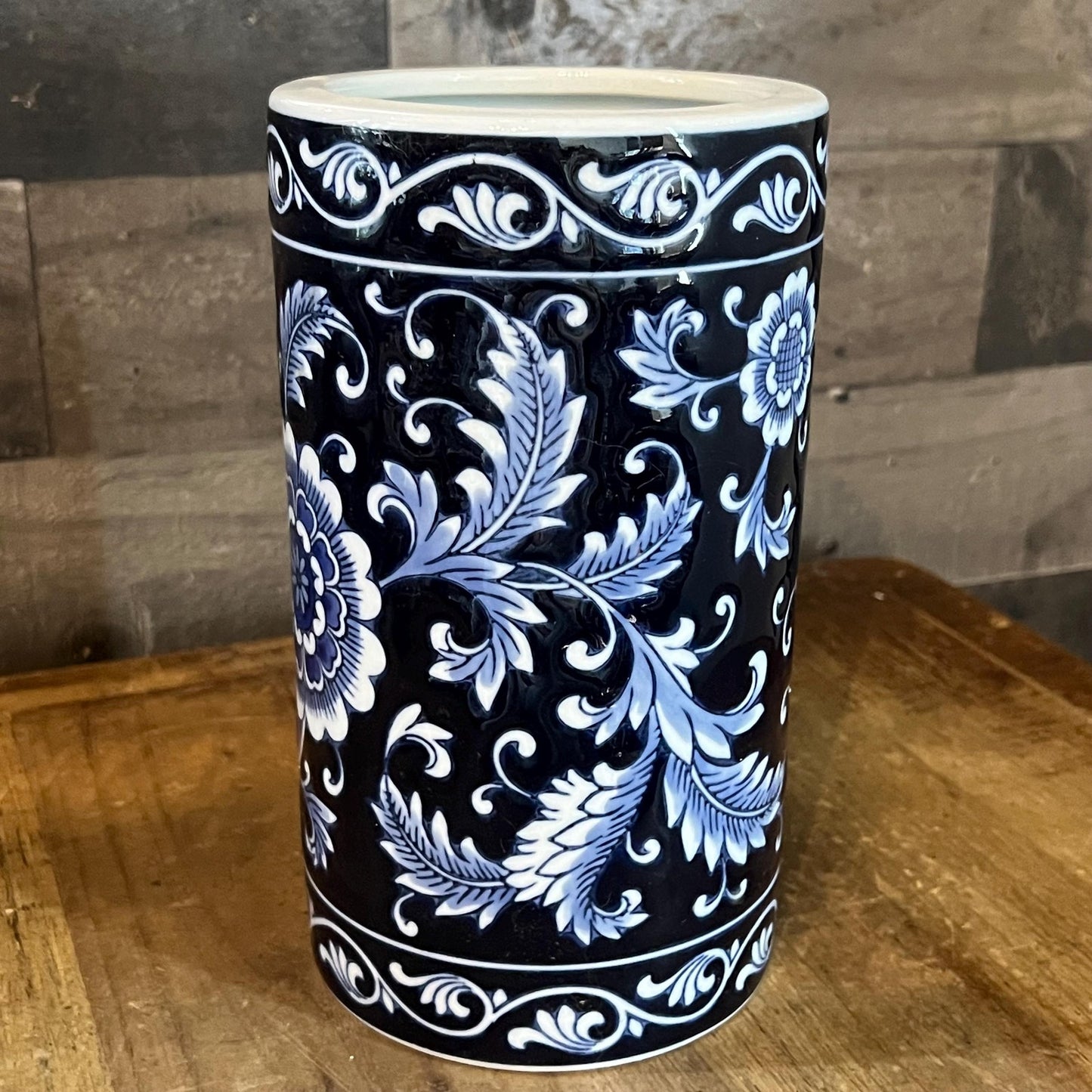 Pier 1 Imports Cobalt Blue and Light Blue Glazed Floral Vase - Utensil Storage - Wood Spoon Organizer