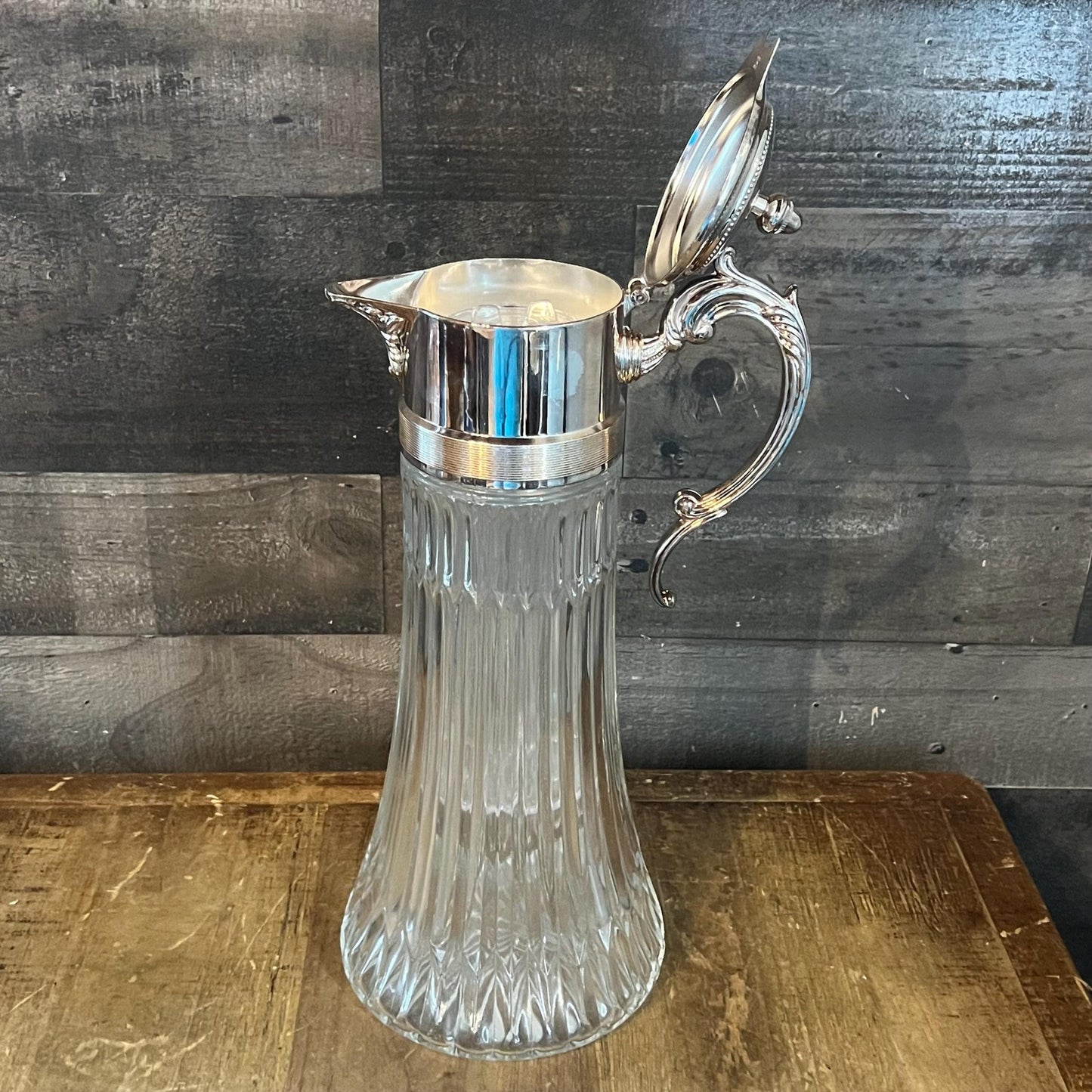 Vintage Crystal Pitcher with Silverplated Handle and Lid with Center Compartment