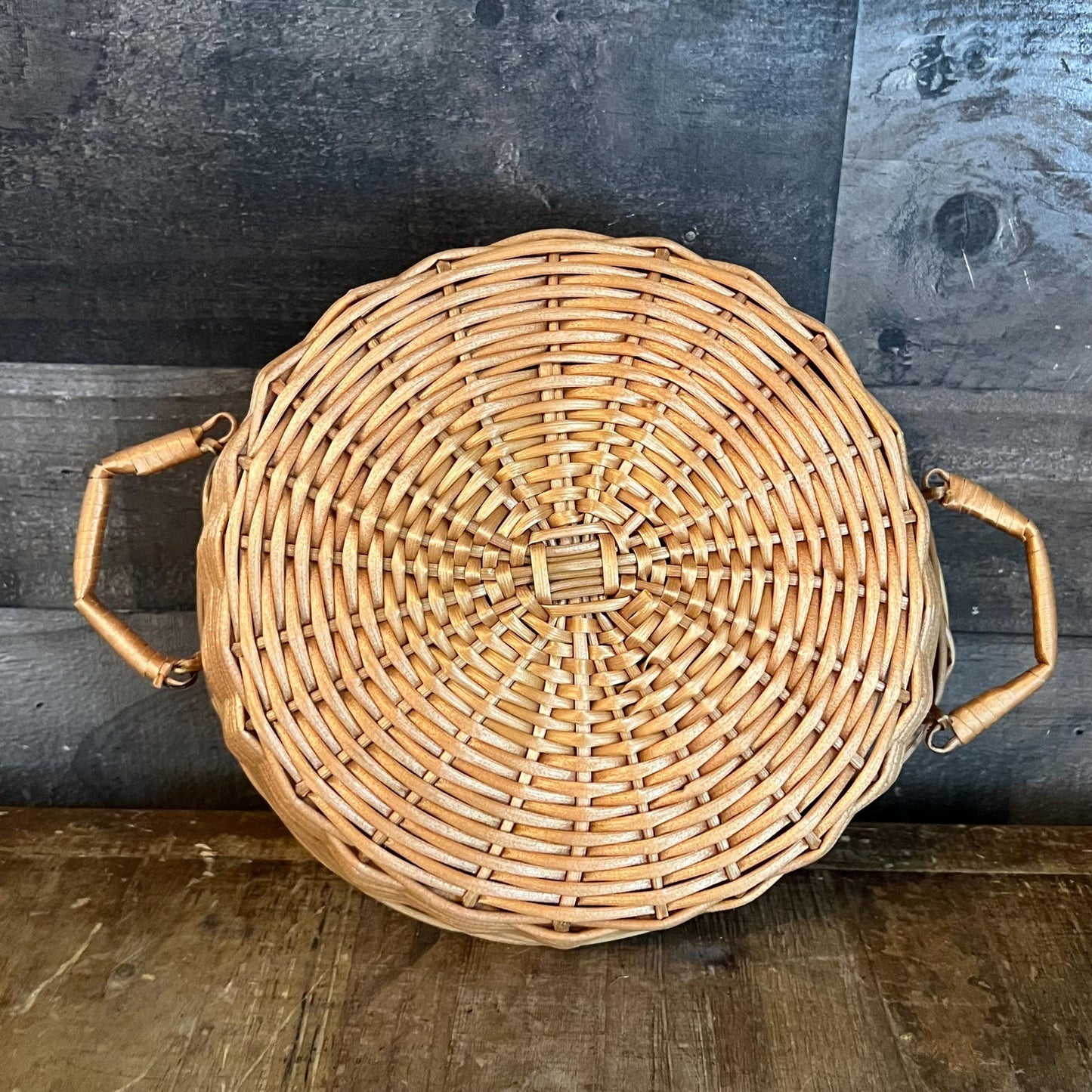 Vintage Shallow Handled Round Wicker Basket