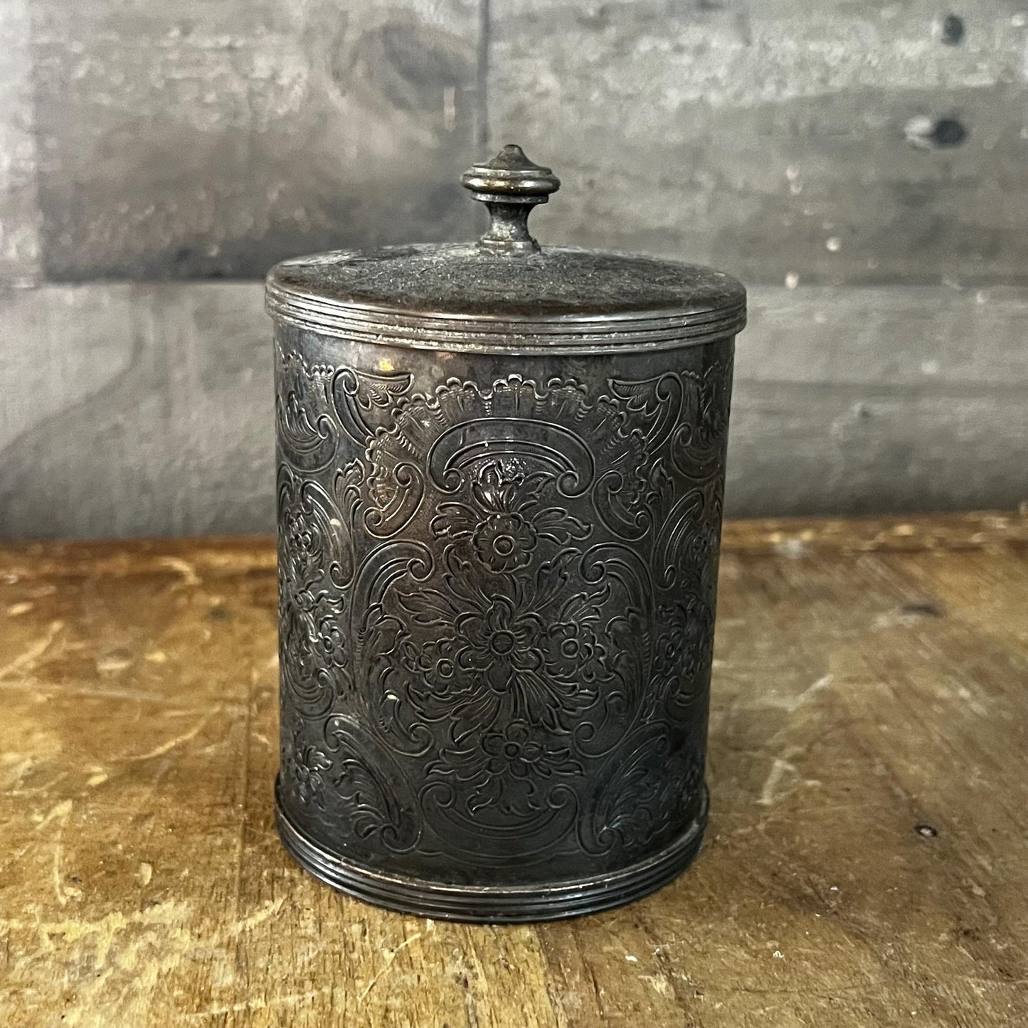 Silverplated Hinged Lid Tea Caddy with Floral Accents