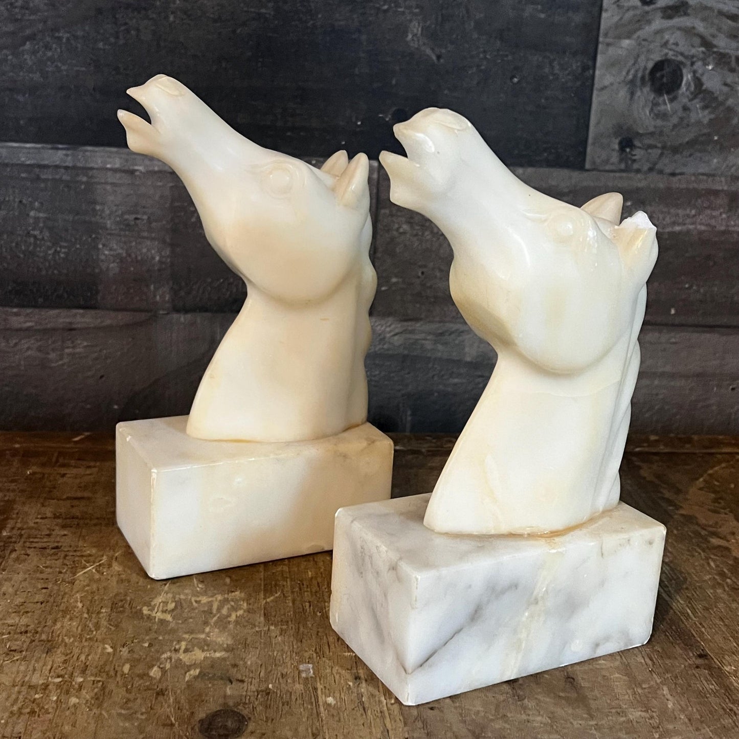 Vintage Heavy Creamy White Marbled Stone Horse Bust Bookends - Pair