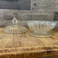 Clear Glass Footed Ribbed Lidded Candy Dish with Aged Gold Rim Base