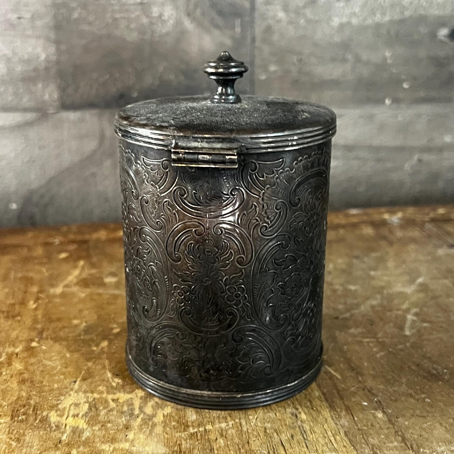 Silverplated Hinged Lid Tea Caddy with Floral Accents