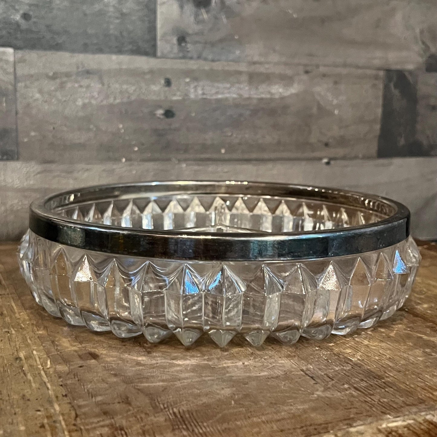 Vintage Crystal 3 Compartment Bowl with Silverplated Rim - Jewelry Dish - Candy Dish - Nut Dish - Berry Server