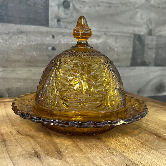 Vintage Indiana Glass Amber Glass Tiara Butter Dome with Matching Scallop Rim Underplate