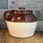 Vintage Blue Crown 2 Stamped Brown and Beige Two Tone Single Handle Lidded Crock - Bean Pot - USA Marking