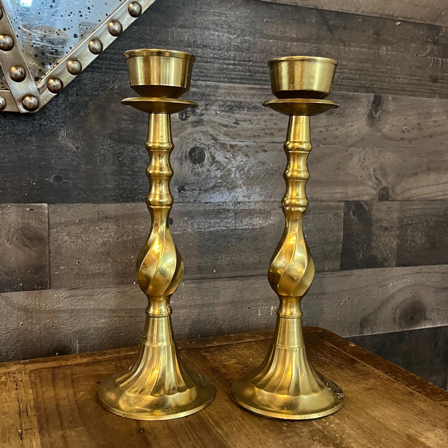 Vintage Brass Swirl Tall Candlestick Holders - Pair