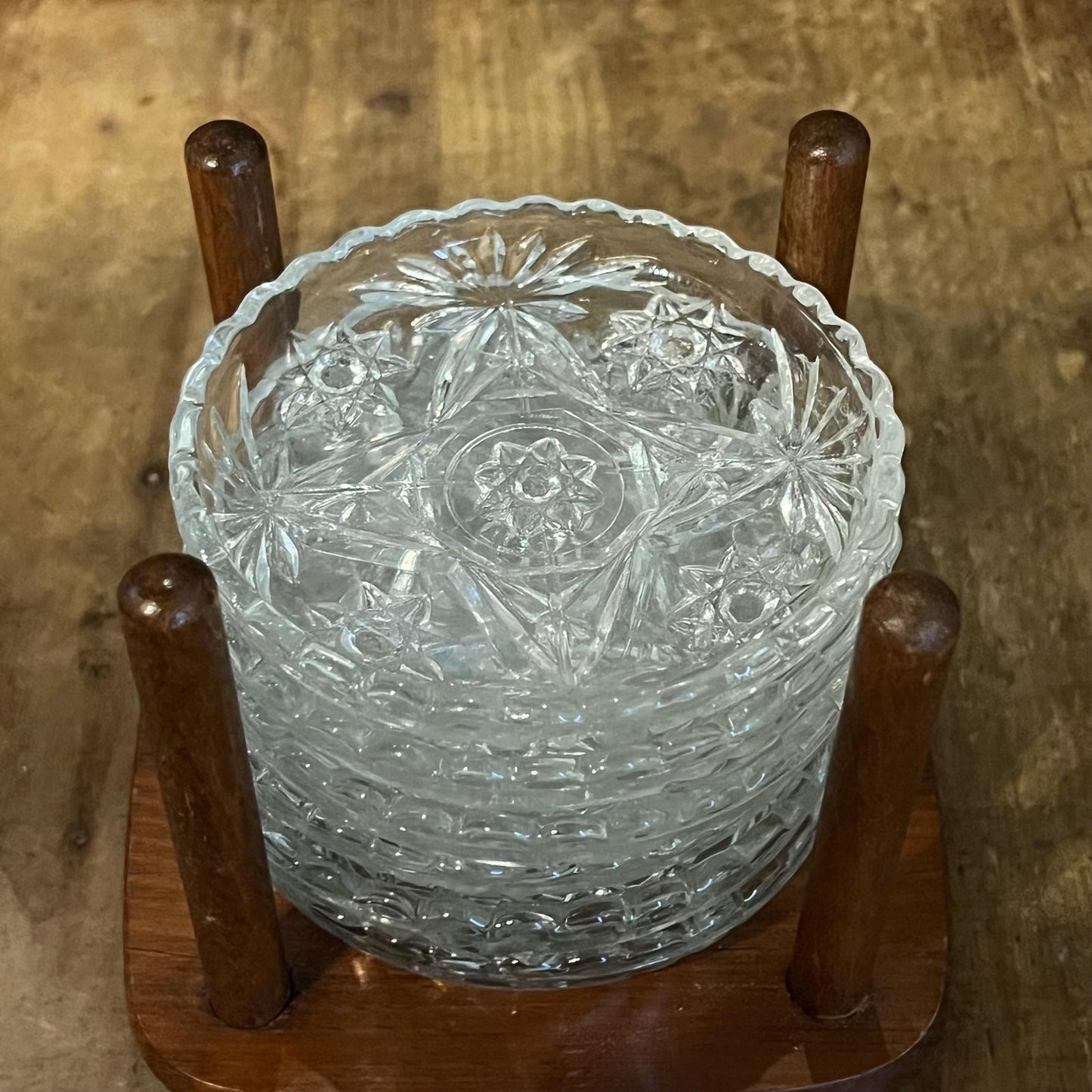 Vintage Set of 6 Crystal Coasters with Wooden Holder