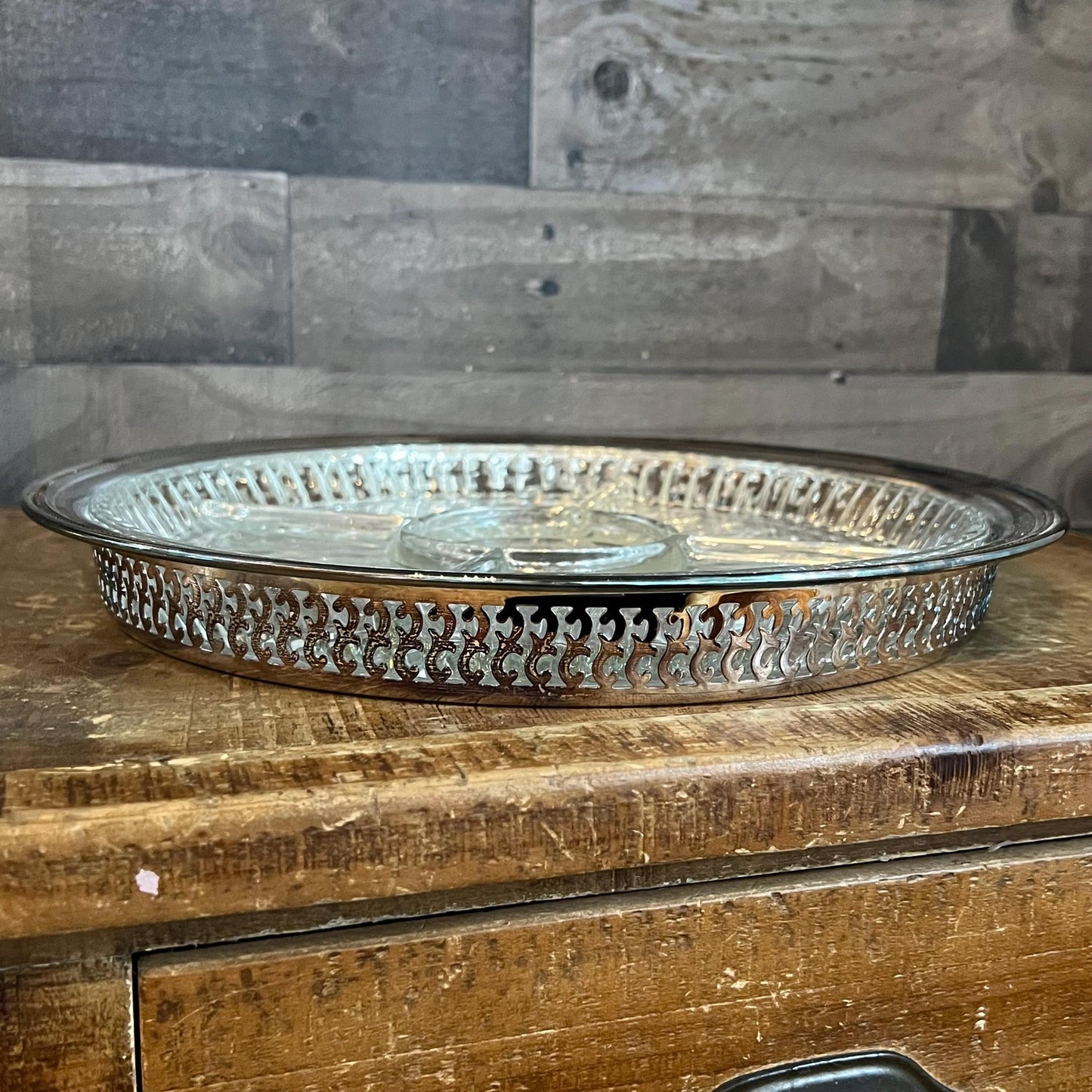 Vintage Oneida Round Silverplated Tray with Raised Reticulated Rim and Divided Glass Compartment Tray Insert