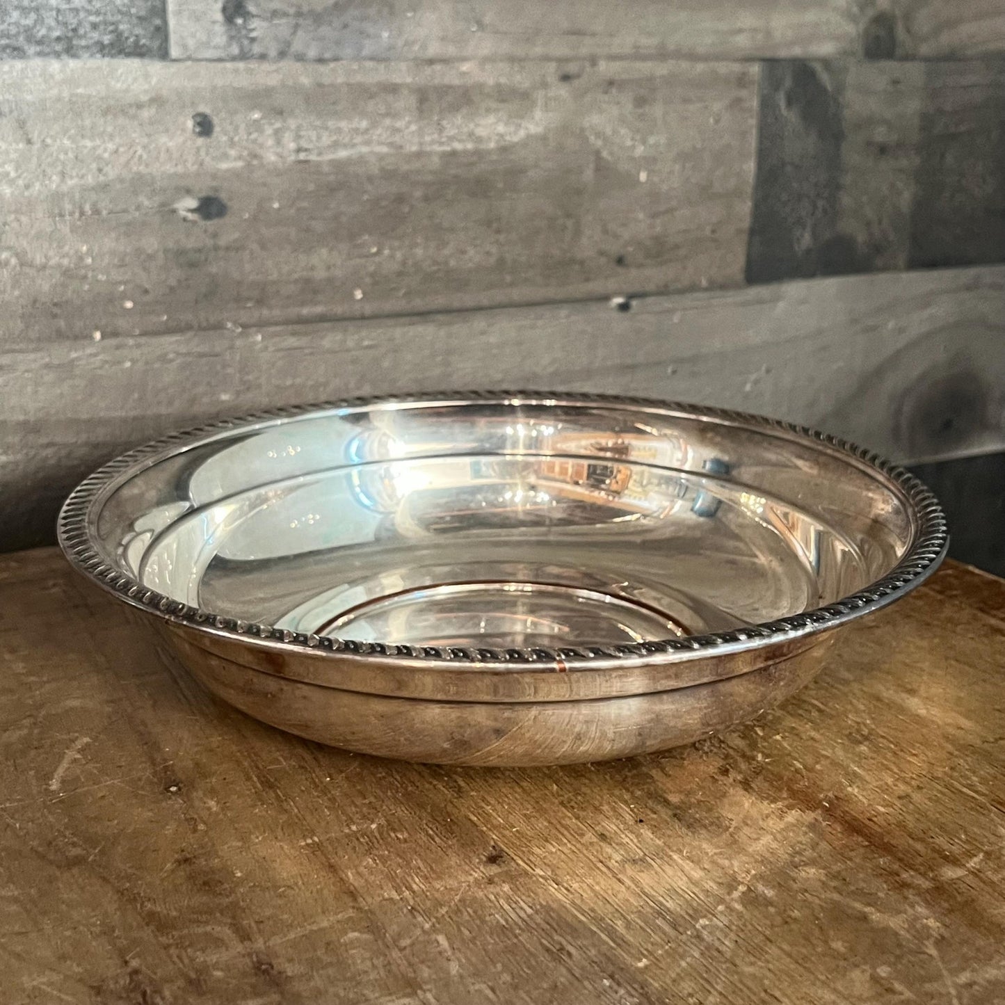 Vintage Art S Co Round Silverplated Shallow Bowl with Braided Accent Rim