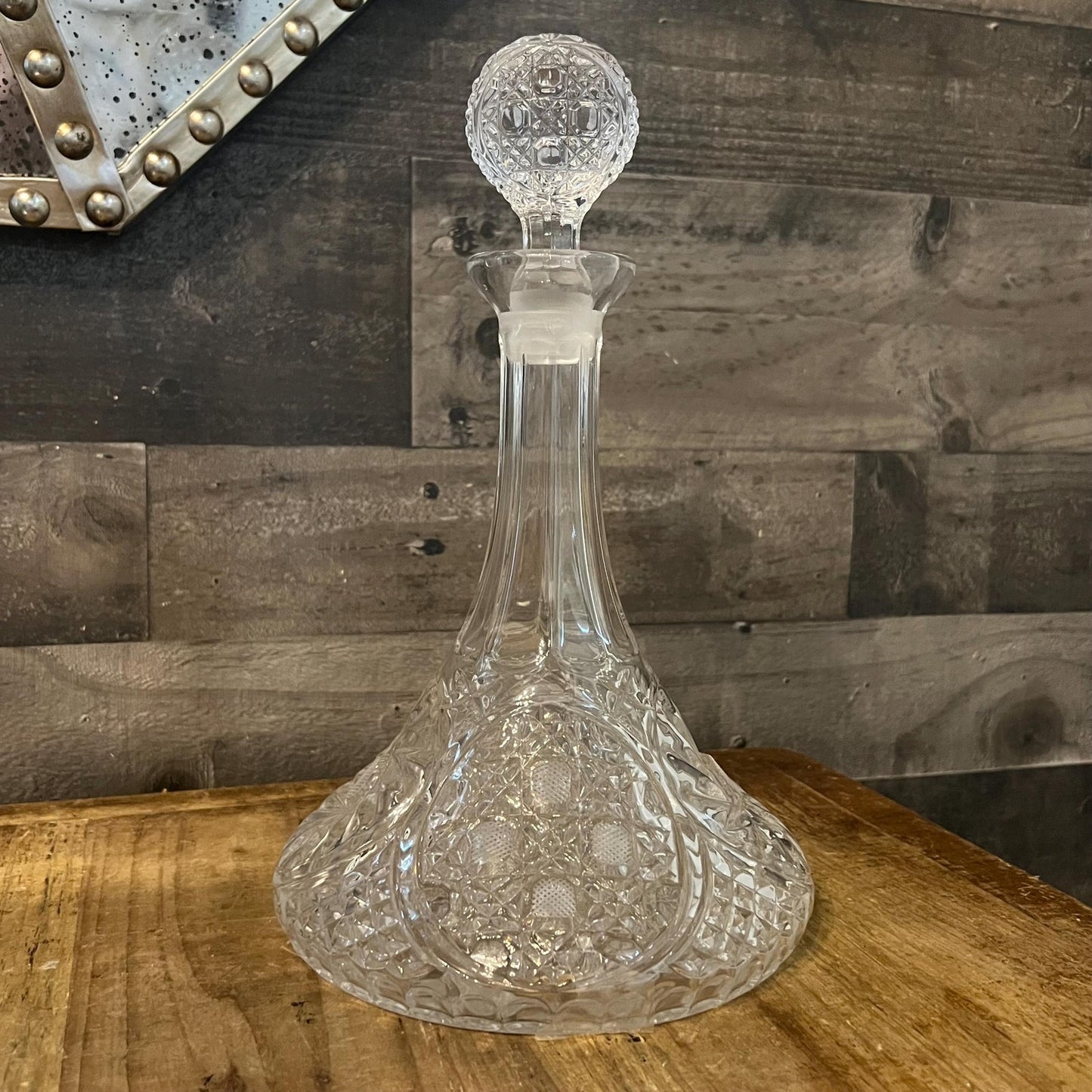 Vintage Crystal Ships Decanter with Pinwheel and Checkered Design and Ball Stopper