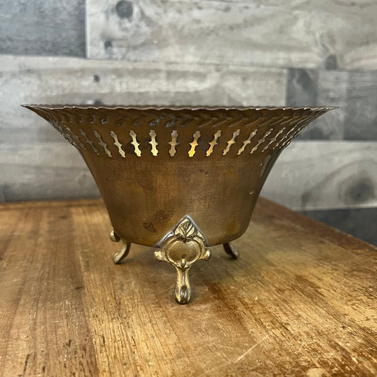 Vintage Brass Tri Footed Perforated Rim Bowl