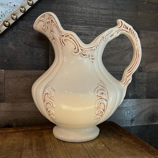 Vintage Large Ceramic Creamy White Pitcher with Ornate Design