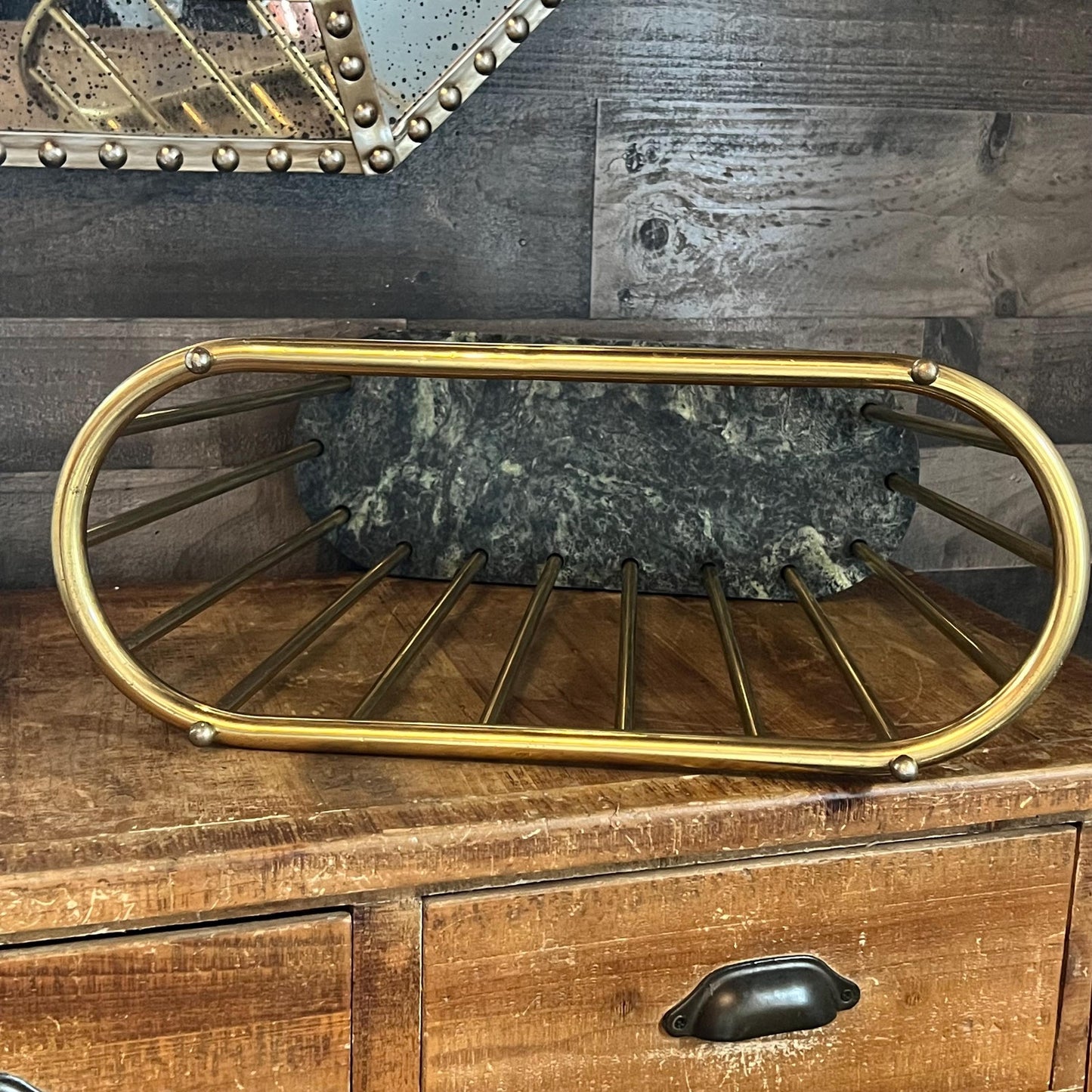 Vintage Green Marble and Brass Spindle Magazine Rack - Book Holder