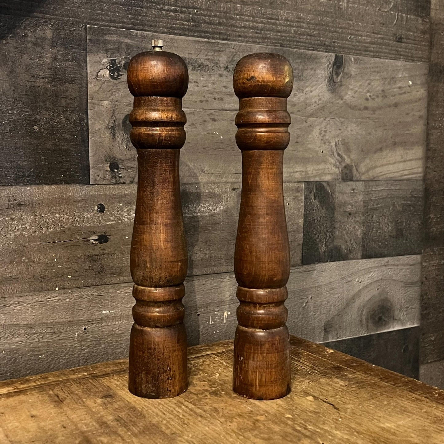 Vintage Tall Wooden Pepper Grinder and Salt Shaker