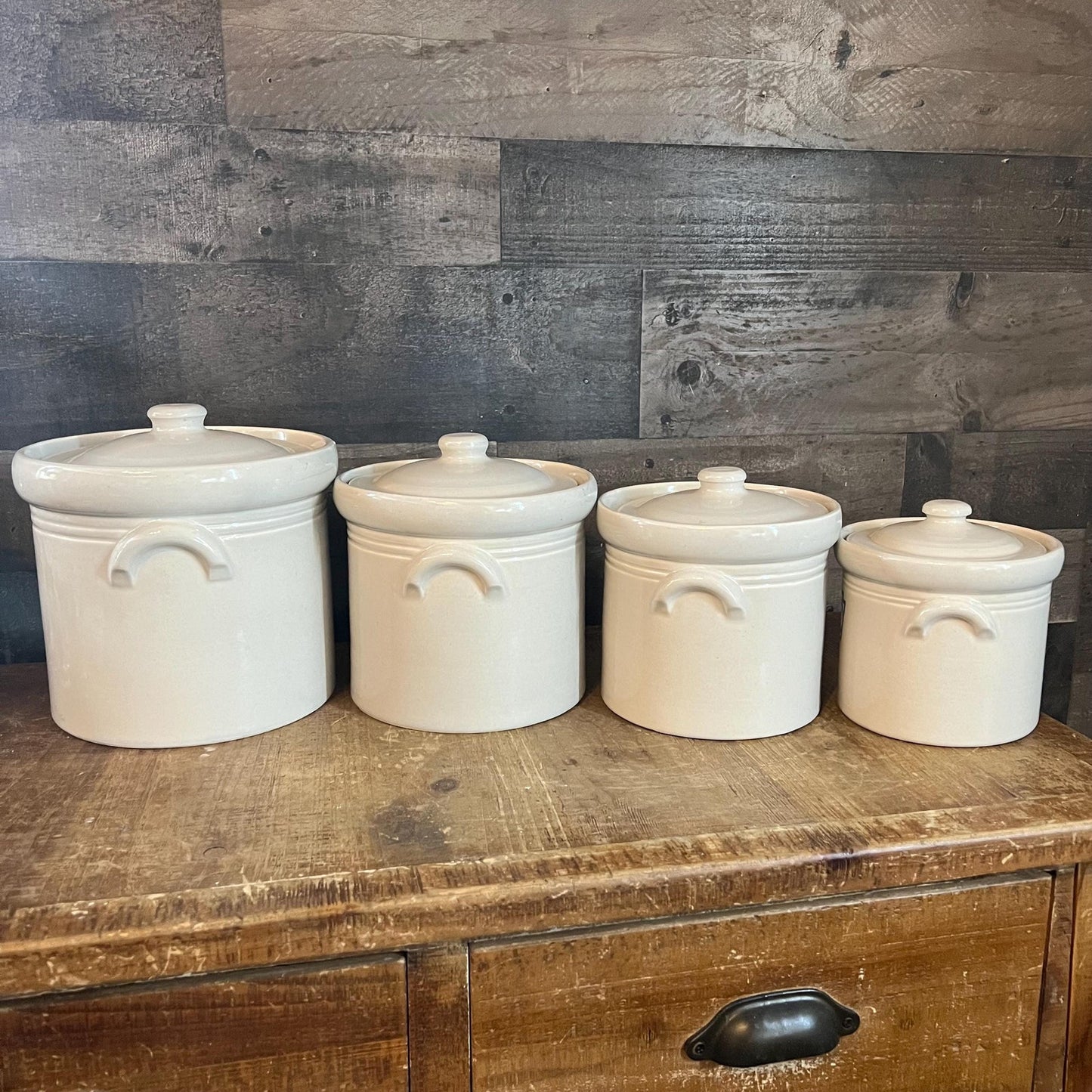 Vintage Pfaltzgraff Yorktowne Stoneware Lidded Canister Set Numbered in Blue 1, 2, 3, 4 - Set Of 4 - Made In USA - Crock Storage Jar Set