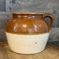 Vintage Blue Crown 2 Stamped Beige and Tan Two Tone Single Handle Crock - Bean Pot - USA Marking