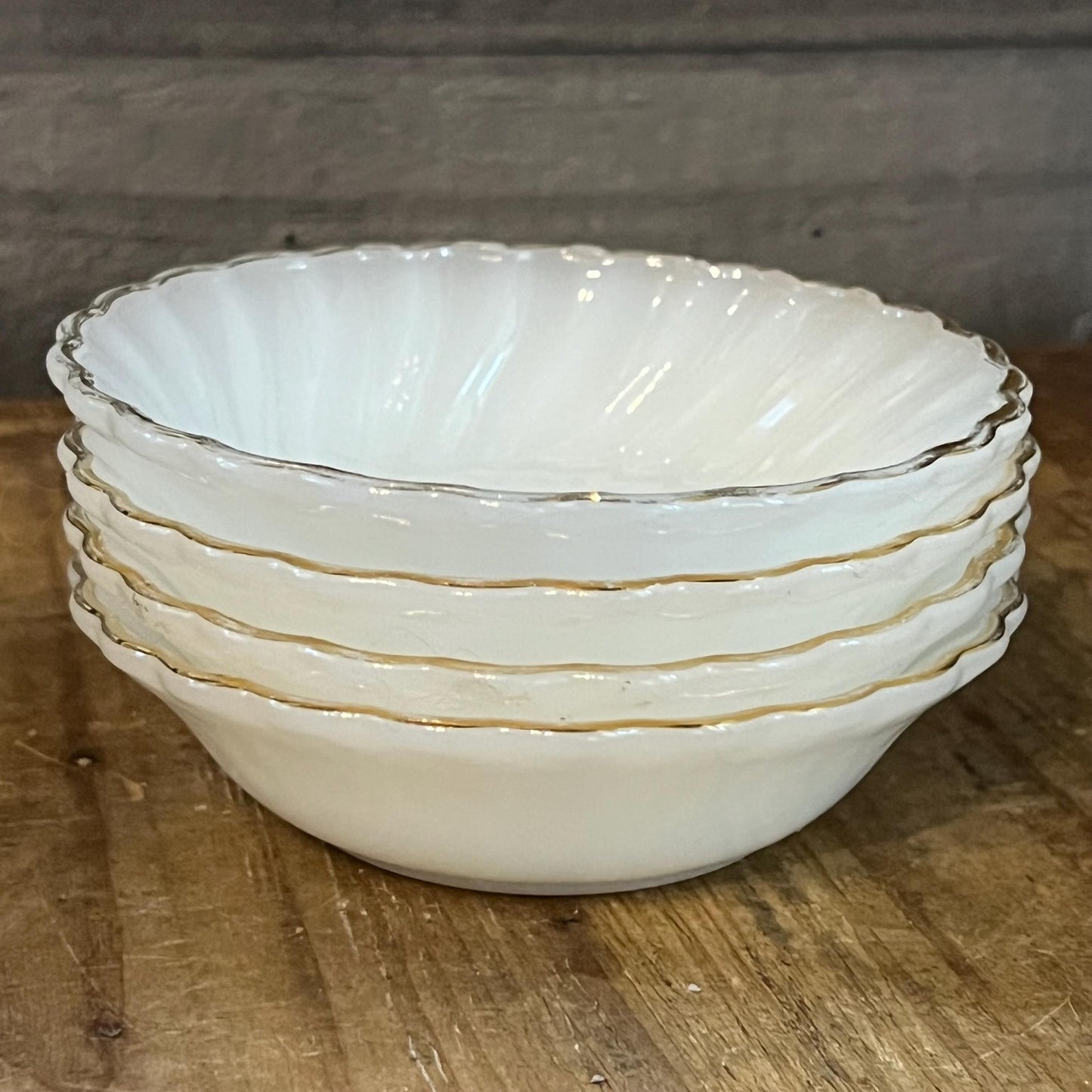 Vintage Set of 4 Milk Glass Scallop Swirled Gold Rim Bowls - Berry Bowls - Parfait Bowls - Dessert Bowls