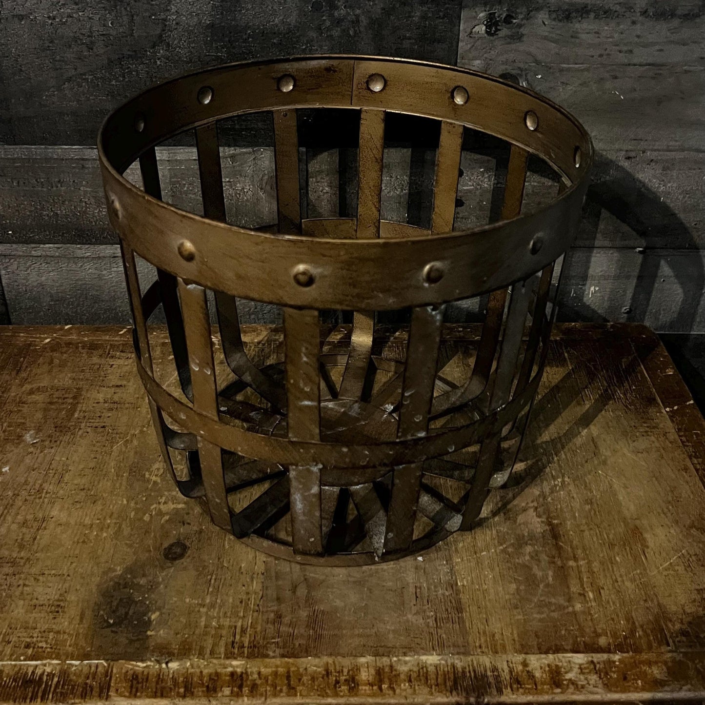 Bronze Tone Metal Farmhouse Basket with Nailhead Accent