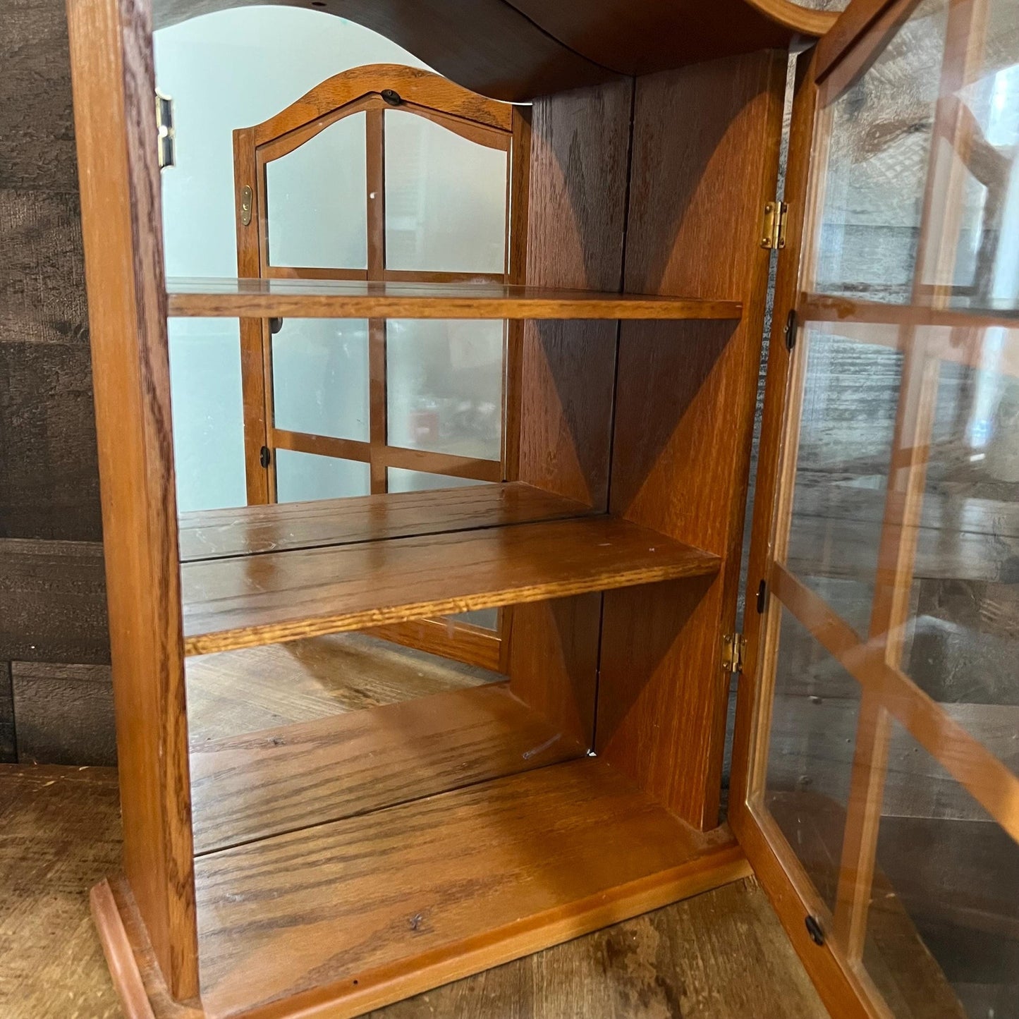 Small Vintage Wooden Wall Hanging Mirrored Back Curio Cabinet - Tabletop Curio - Countertop Curio