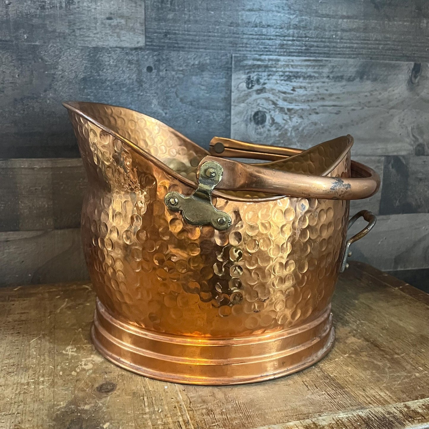 Antique Hammered Copper Brass Handle and Hardware Helmet Shaped Scuttle Bucket - Coal Bucket - Fireplace Bucket - Made in England