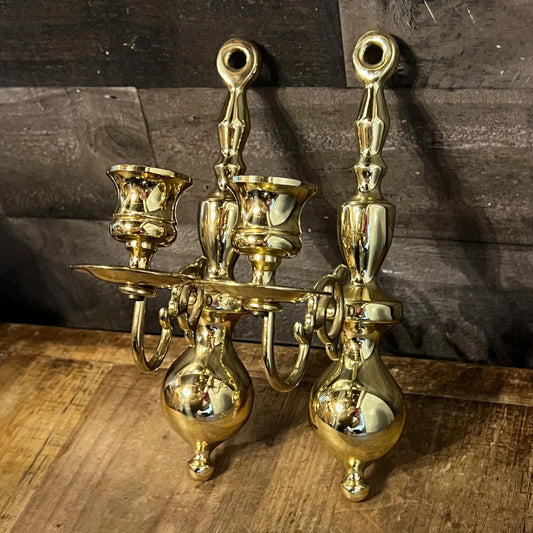 Vintage Pair of Brass Candlestick Holder Wall Sconces