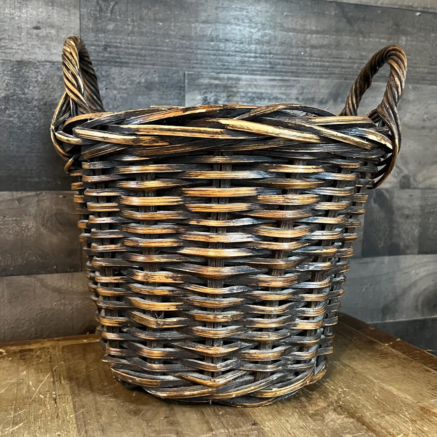 Brown Woven Wicker Round Handled Basket