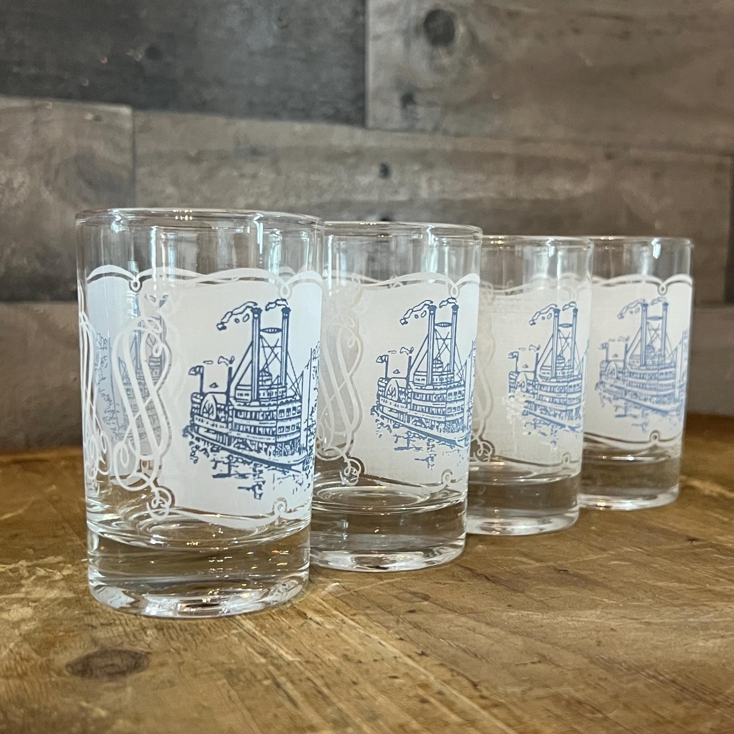Vintage Set of 4 Royal USA Currier and Ives Blue Juice Glasses - Short Tumblers