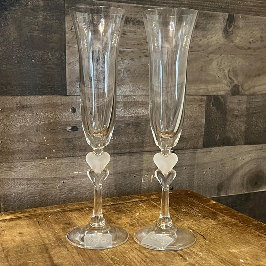 Gorham Crystal Heart Stem Amore Toasting Champagne Flutes - Pair