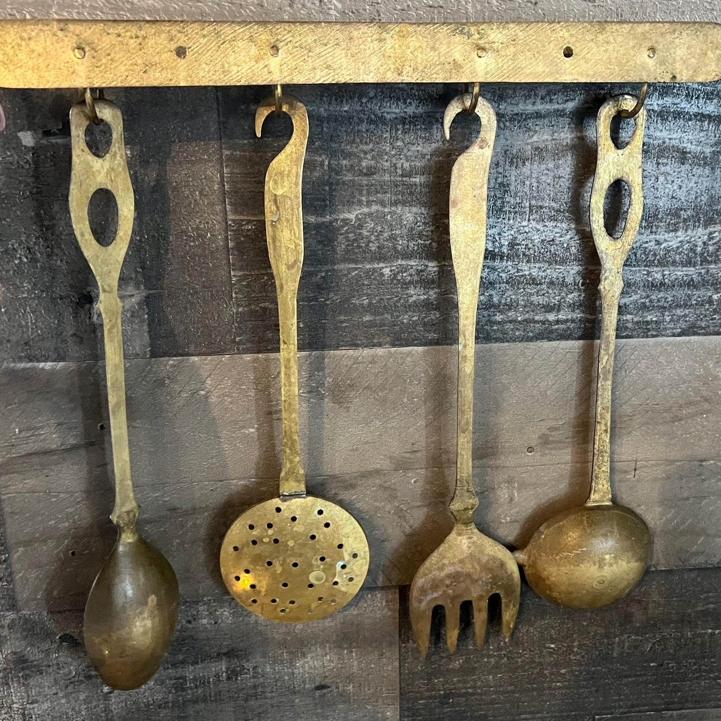 Solid Brass Serving Utensil Set with Wall Mounted Holder