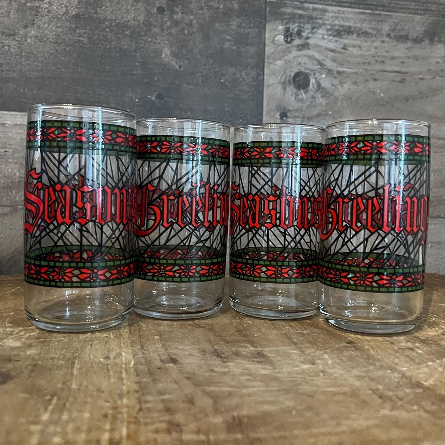 Houze Glass Company Seasons Greetings Tall Juice Glasses - Christmas Holiday Glassware - Set of 4