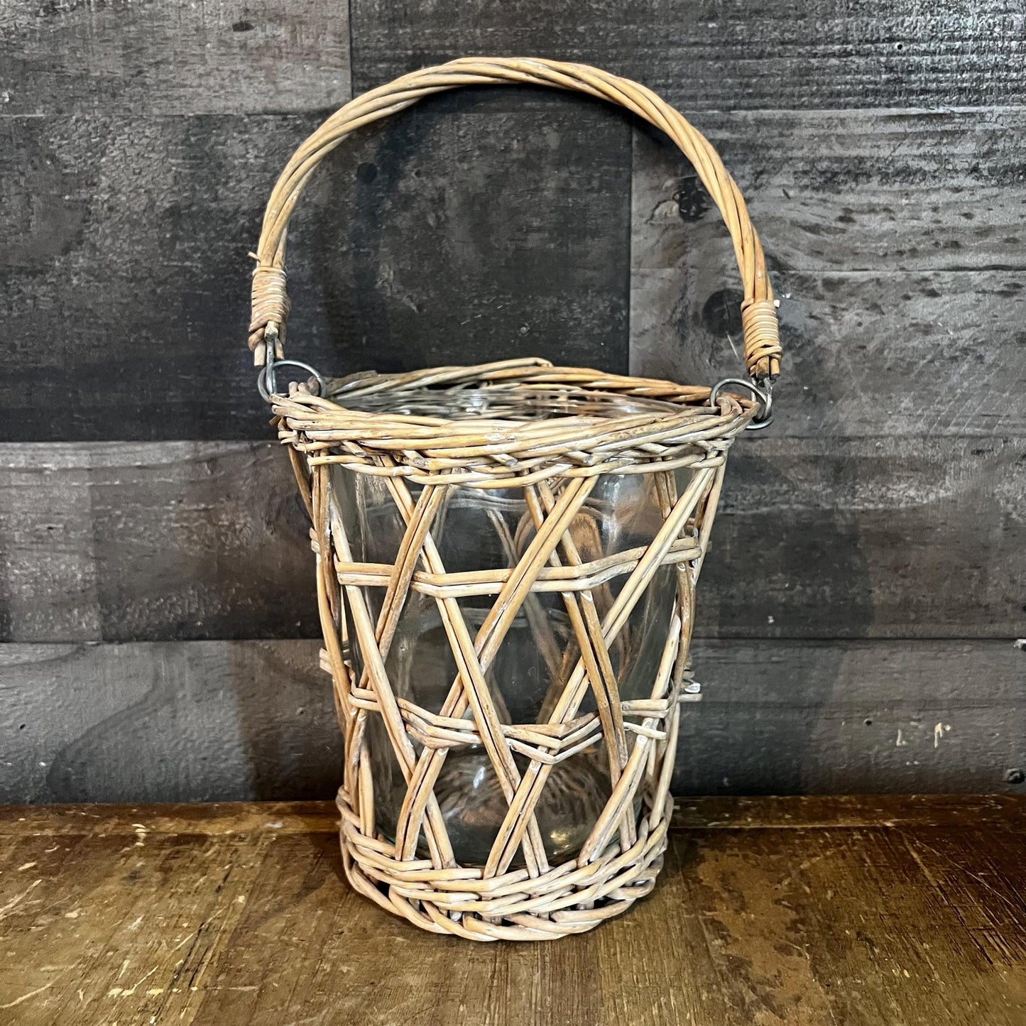 Wicker Rattan Handled Basket Clear Glass Vase