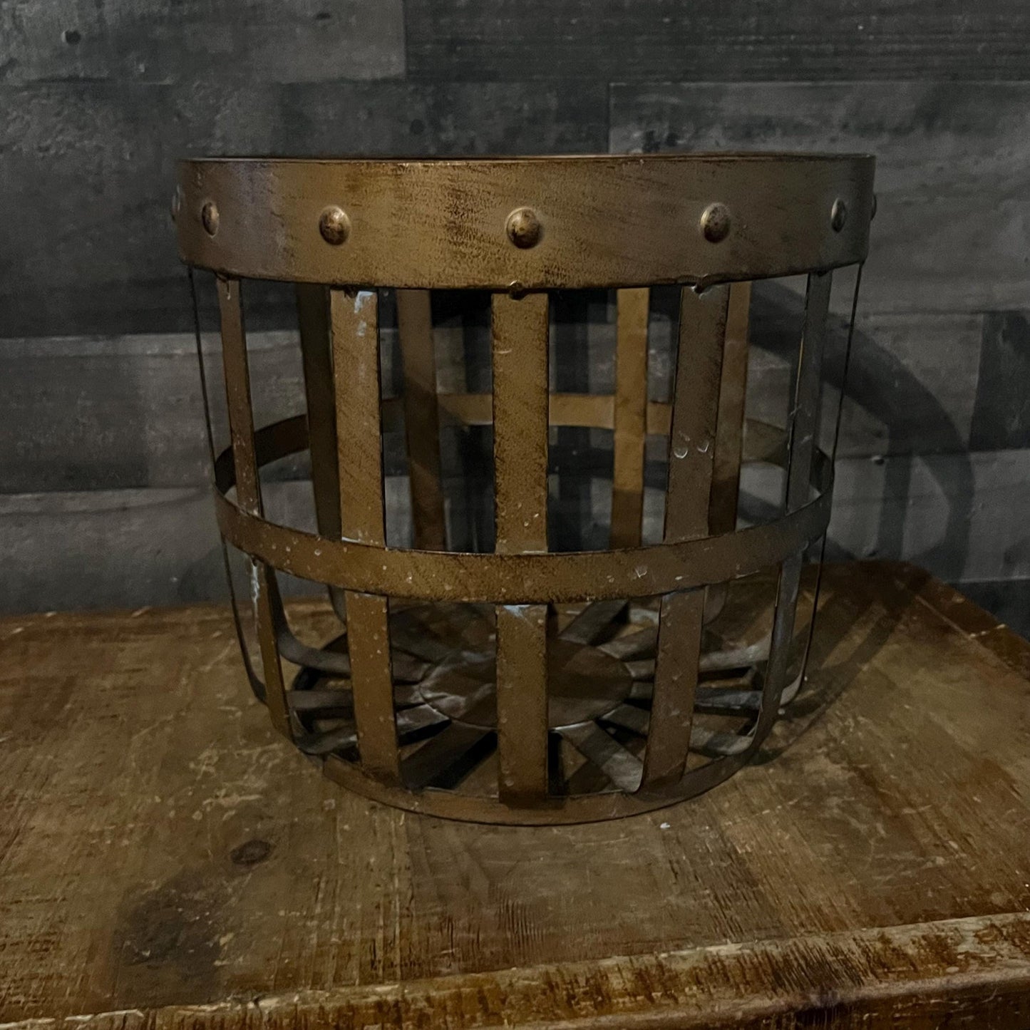 Bronze Tone Metal Farmhouse Basket with Nailhead Accent
