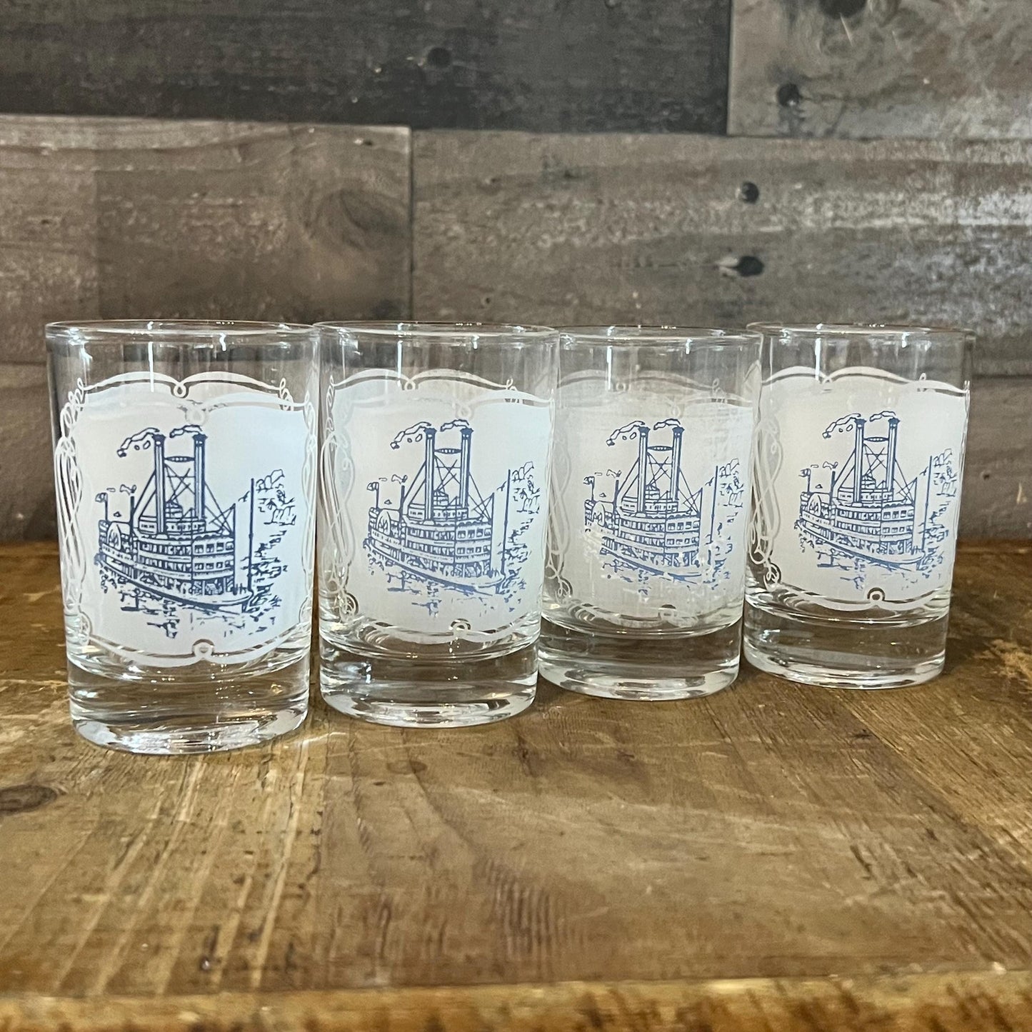 Vintage Set of 4 Royal USA Currier and Ives Blue Juice Glasses - Short Tumblers