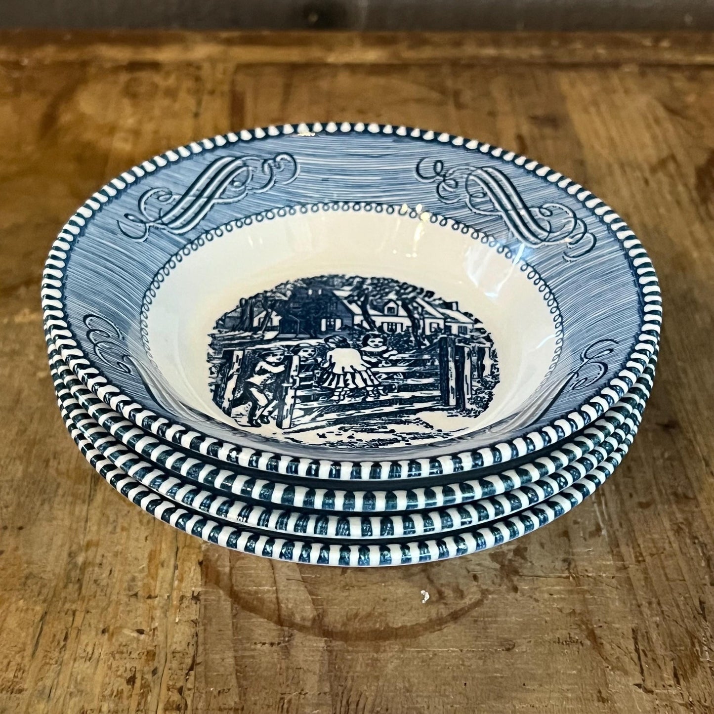 Vintage Royal USA Currier and Ives Blue Bowls - Fruit Bowls - Dessert Bowls - Cereal Bowls - Set of 4